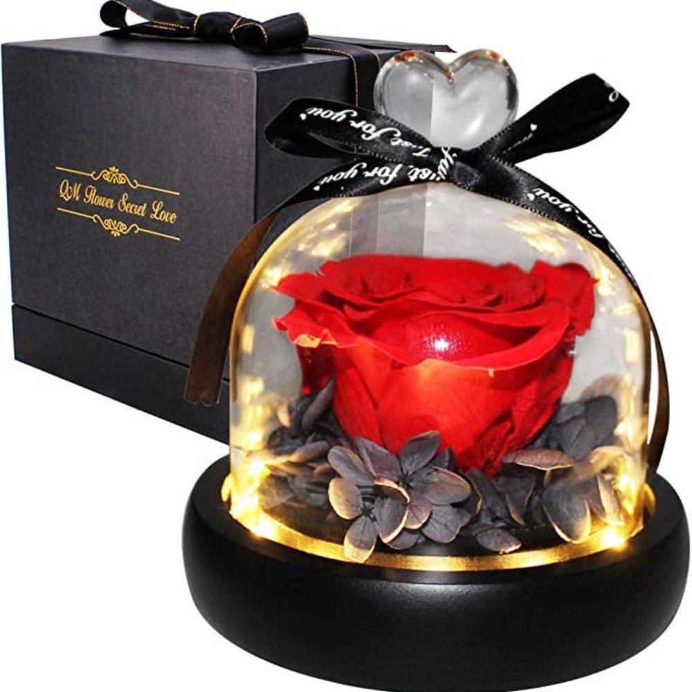 Eternal Rose Flower Preserved Rose with Heart Design in Glass Dome Gothic Gift